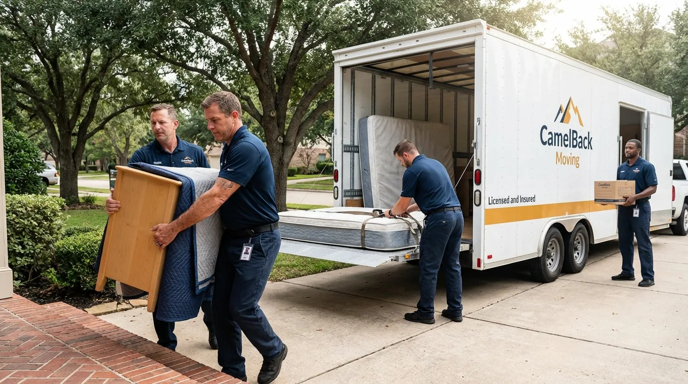 Crew loading residential truck for cross-state move from Crescent City, CA