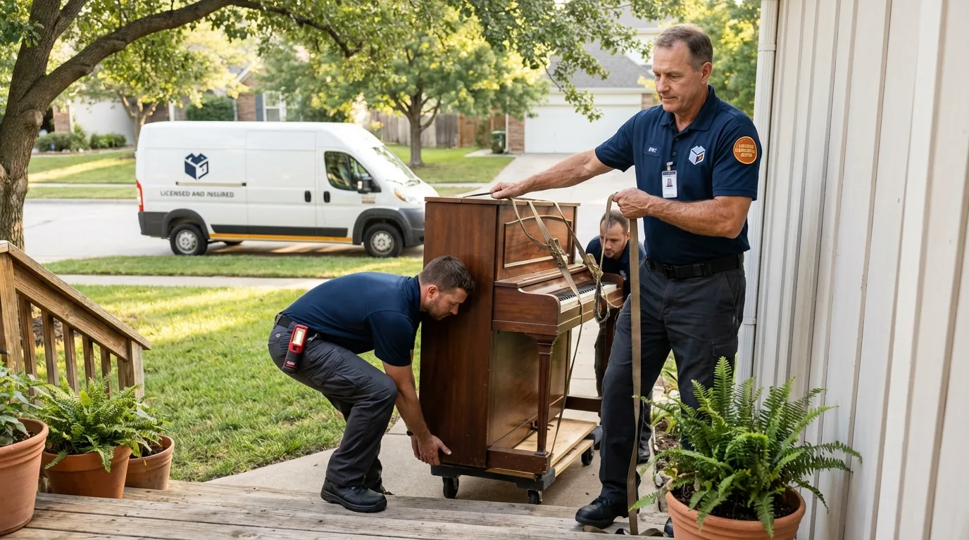 Licensed piano movers securing grand piano in Crescent City, CA