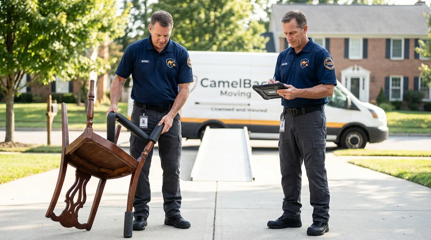 Movers inspecting furniture for damage prevention before loading in Crescent City, CA