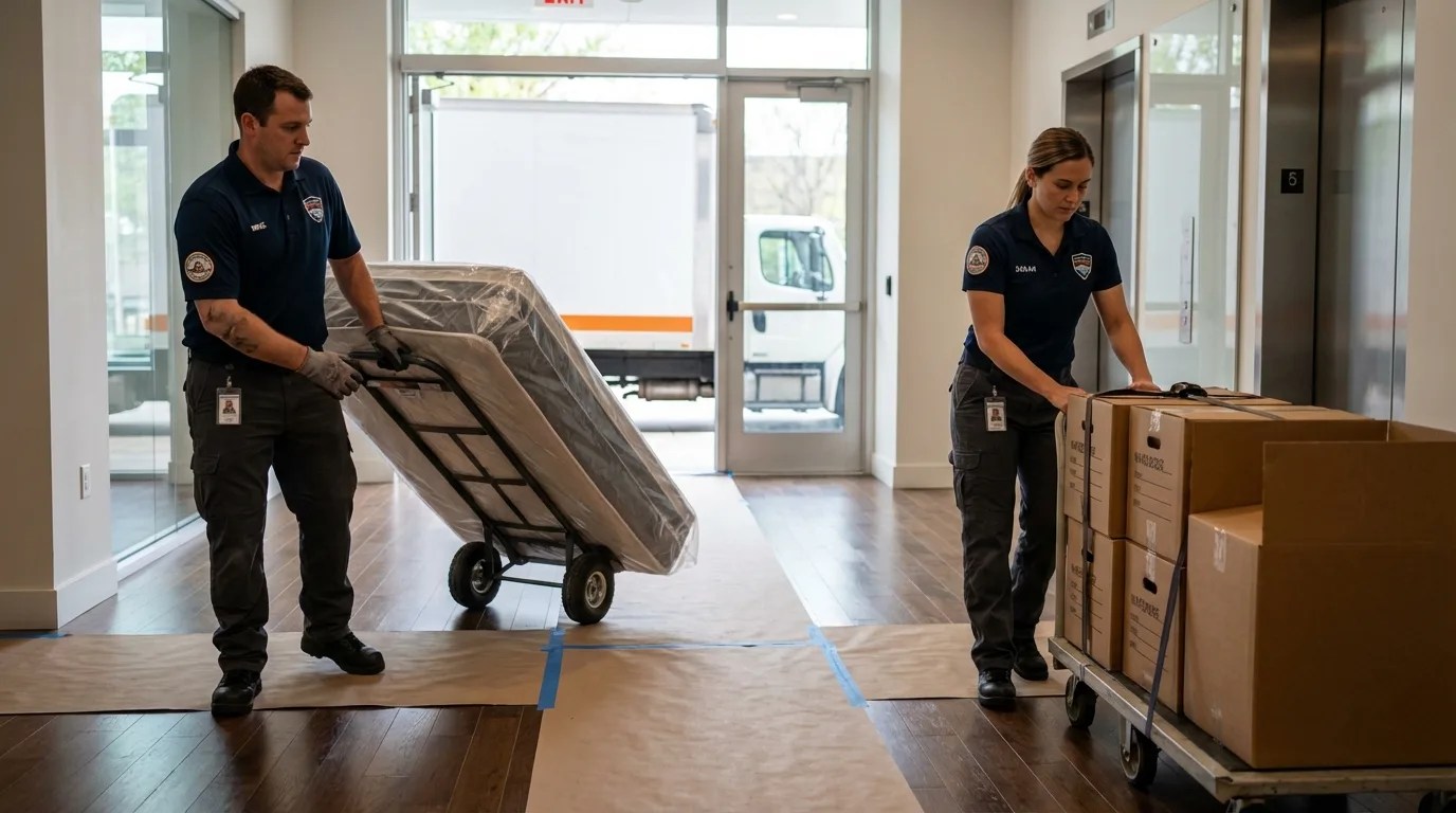 Professional apartment movers loading elevator in Crescent City, CA